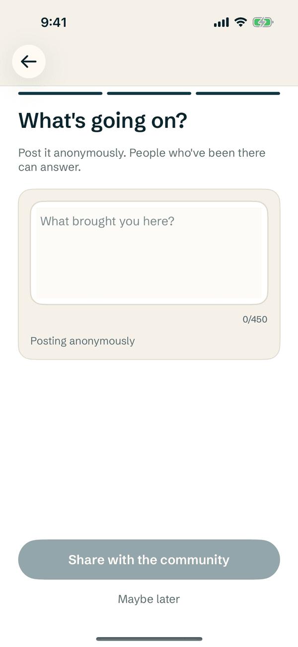 veisund app - the first post screen: what's going on? post it anonymously, people who've been there can answer